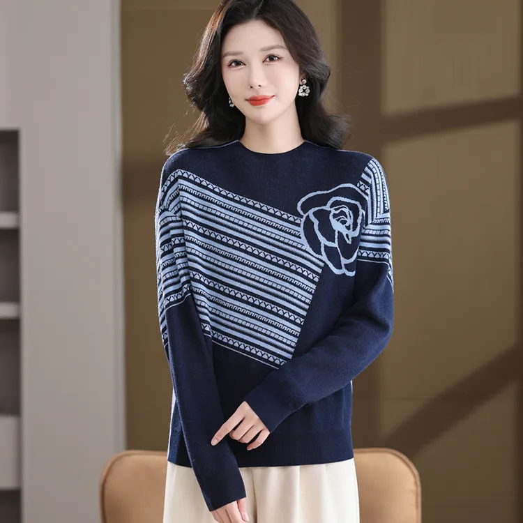 2026新款品牌时尚圆领玫瑰提花针织衫复古保暖内搭底衫毛衣