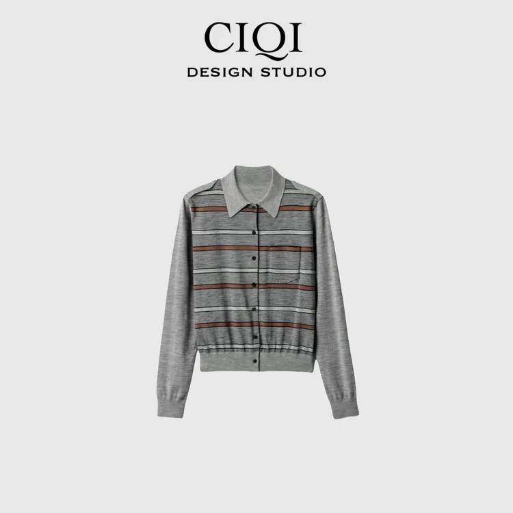 CIQI STUDIO【心动密码】复古条纹羊毛针织POLO开衫DY251024
