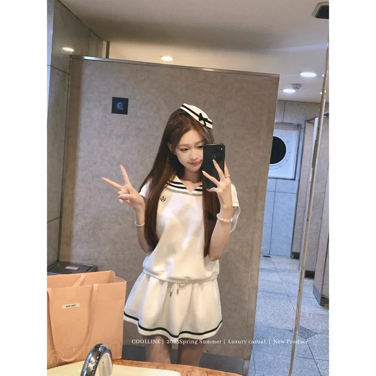 【借你的猫】法式纯欲小个子甜美显瘦海军领上衣系带短裙夏季套装女