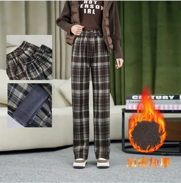 时尚百搭秋冬经典窄版阔腿裤直筒裤休闲毛呢格子裤2025新款