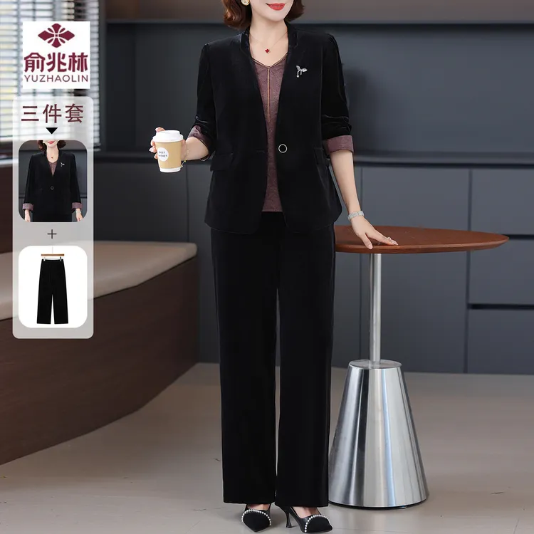 妈妈秋装端庄大气金丝绒套装中老年女装春秋西装外套上衣服三件套