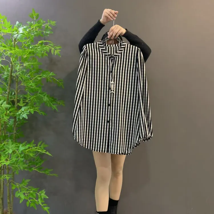6203春季新款简约复古条纹长袖大码衬衫
