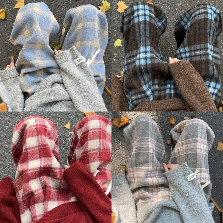 多巴胺毛呢加绒格子裤女秋冬2025新款高腰慵懒宽松显瘦直筒阔腿裤