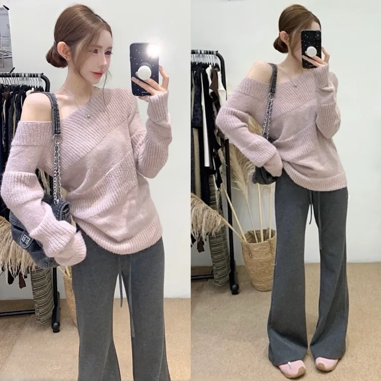 秋季套装女2025新款韩系纯欲风辣妹气质斜肩针织毛衣休闲裤两件套