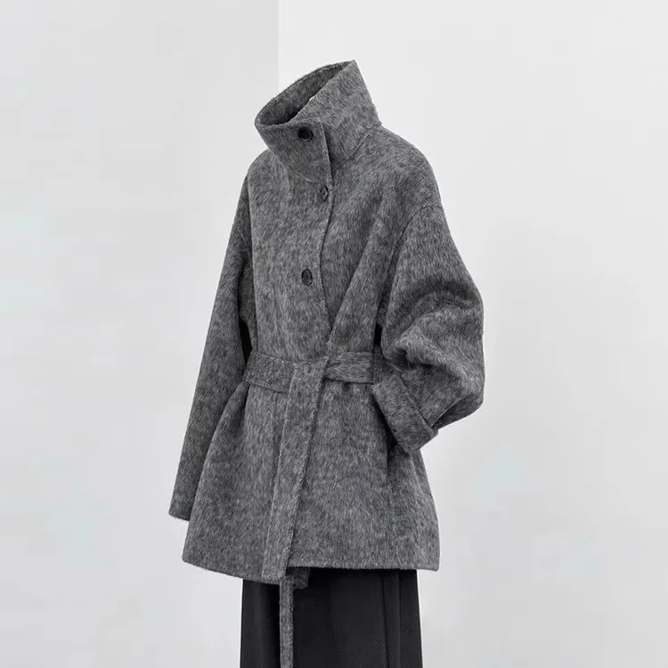 灰色短款双面呢子大衣女2025新款秋冬季小个子韩系收腰毛呢外套