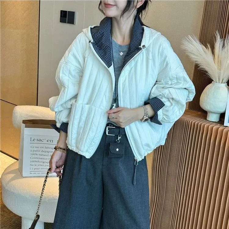 设计感连帽拉链竖条压棉外套女2025秋季新款格子拼接宽松休闲棉服