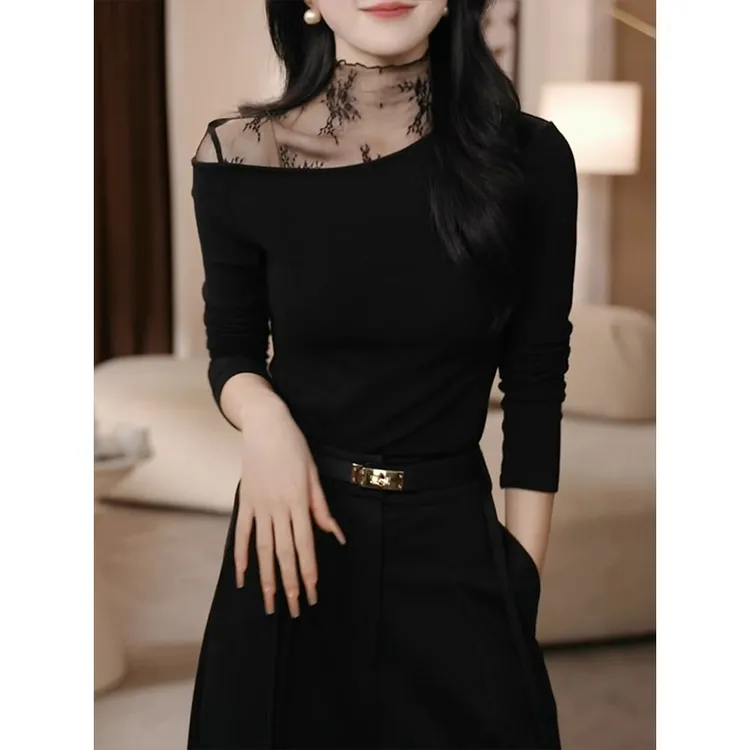 高级感蕾丝拼接打底衫上衣女2025秋冬修身显瘦气质减龄T恤衫