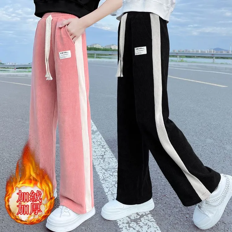 女童裤子2024新款秋冬加绒加厚阔腿裤儿童中大童时尚宽松洋气长裤