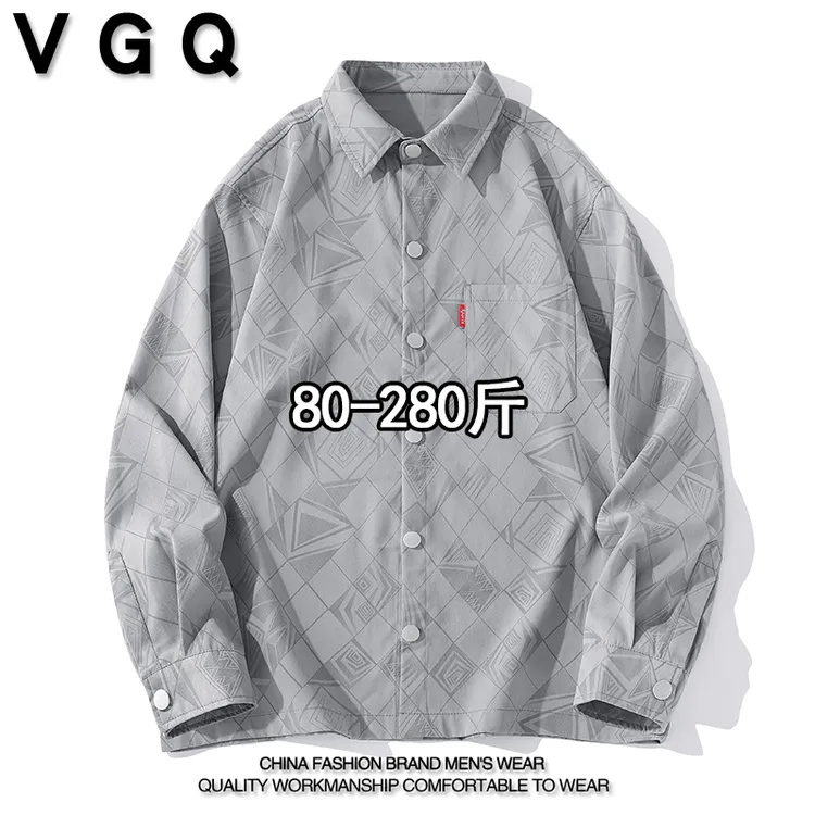 VGQ男士长袖衬衫秋季新款加肥加大码潮流印花百搭休闲风衬衣外套