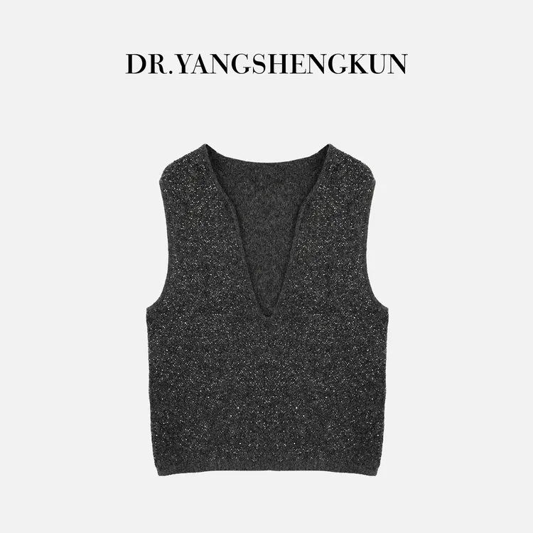 杨圣坤2025新品羊驼毛羊毛混纺时尚亮片深V领针织马夹女SL259327