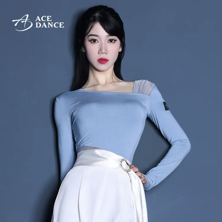 ACEdance拉丁舞女摩登舞上衣网纱拼接棉长袖练功服广场舞服SY293