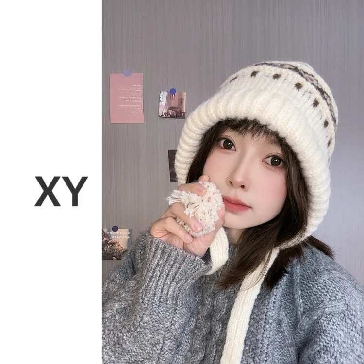 秋冬费尔岛风针织毛线帽女加厚加绒保暖护耳显脸小骑车防寒包头帽