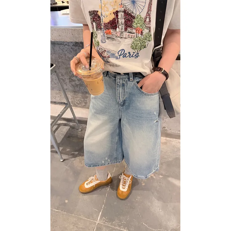 苏安家“韩女七分牛仔”浅浅蓝做旧水洗磨破超柔夏季薄七分裤牛仔裤