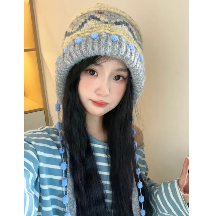费尔岛风流苏包包帽！秋冬针织显脸小护耳包头帽韩系百搭保暖休闲