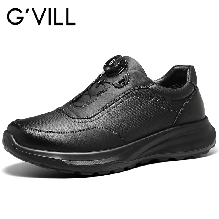 G'VILL/贵之步男士真皮休闲皮鞋秋冬防滑纽扣式防水运动户外男鞋