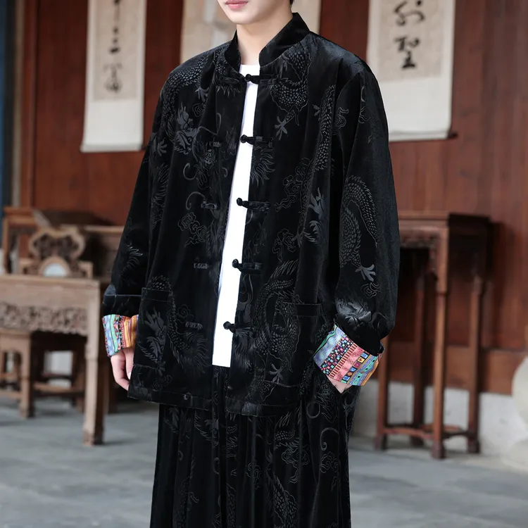 青年潮牌唐装男中国风龙纹提花金丝绒茶服外套大码宽松立领中山装