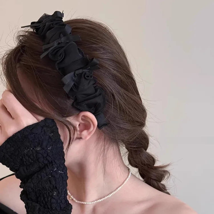 芭蕾风褶皱网纱蝴蝶结发箍女甜美气质高颅顶发卡黑色头箍洗脸头饰