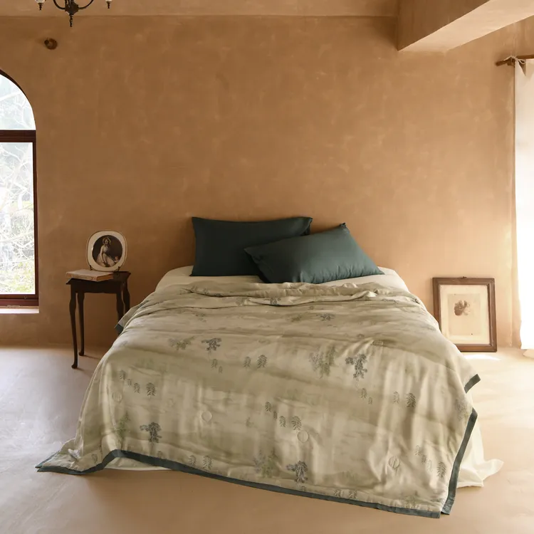 雅赞款简约夏被可水洗成人双人莫代尔针织双层夏凉被被子印花毯子