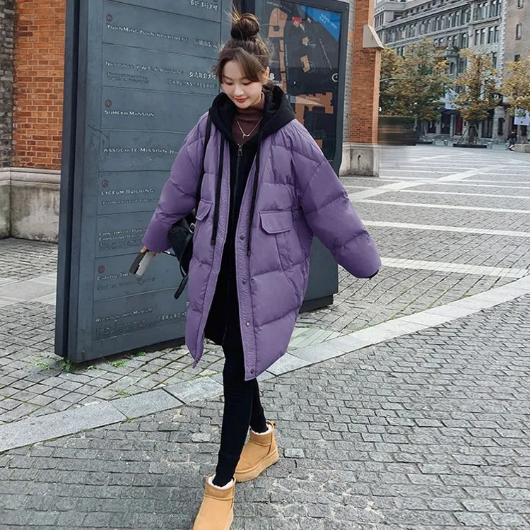 直播专属】工装紫色羽绒服女中长款大码设计感小众假两件白鸭绒