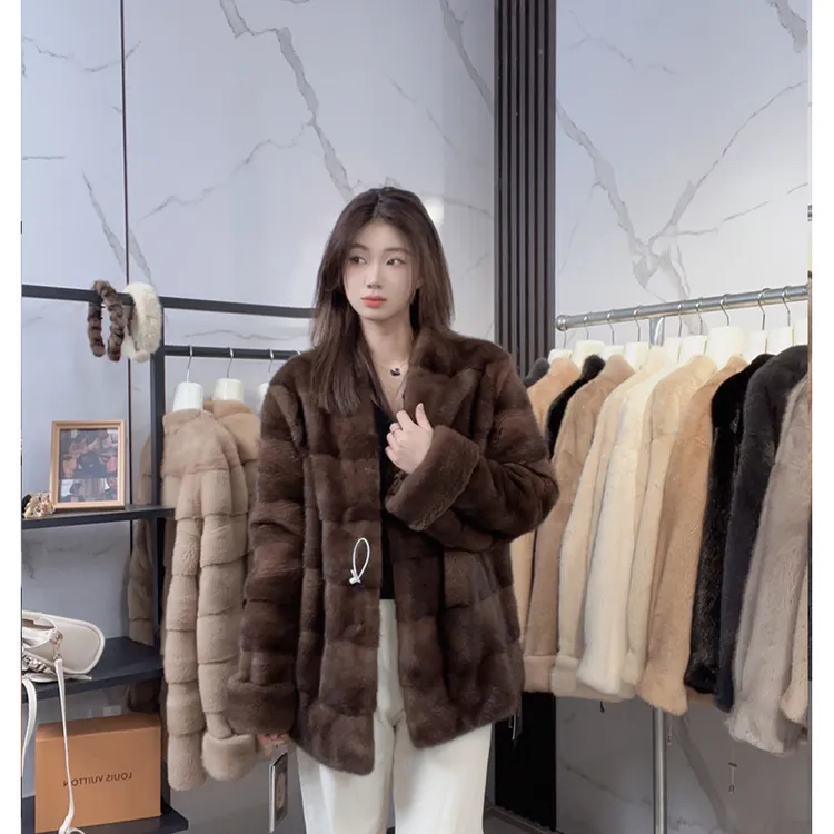 海宁2025新款横排爆款v领真貂整貂水貂毛皮草女中长款时尚外套