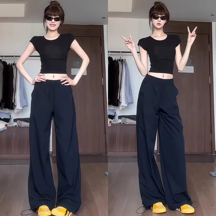 藏青色工装裤女夏季薄款休闲宽松直筒阔腿裤小个子速干美式运动裤