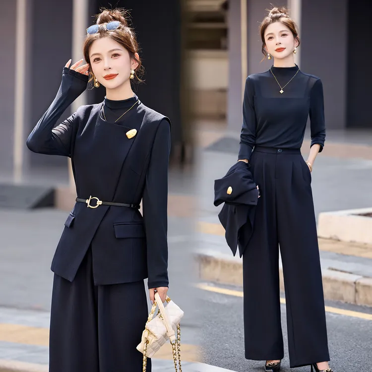 韩系轻熟风马甲套装女2025年秋季新款高级感气质显瘦阔腿裤三件套