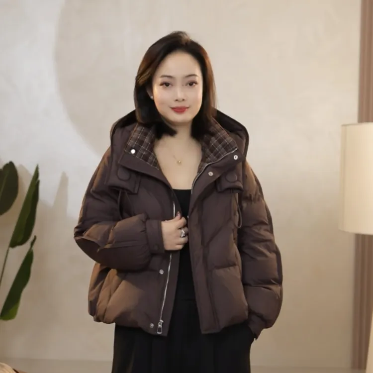 休闲风连帽拉链女轻薄保暖冬季短款拼接宽松百搭上衣