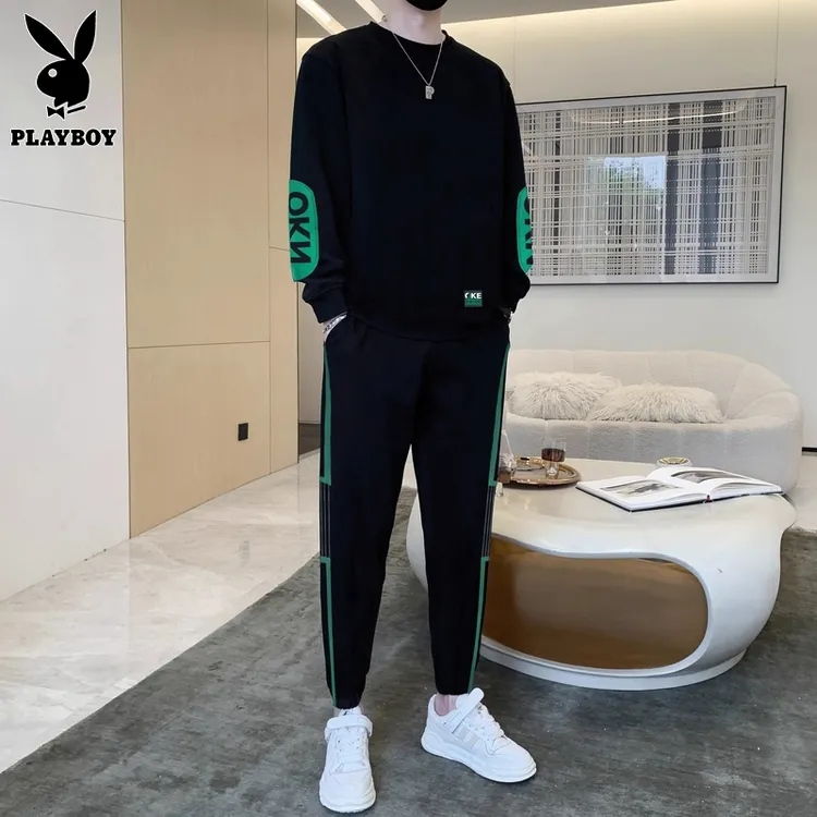 花花公子男士休闲运动套装秋季新款长袖T恤搭配束脚裤潮流两件套