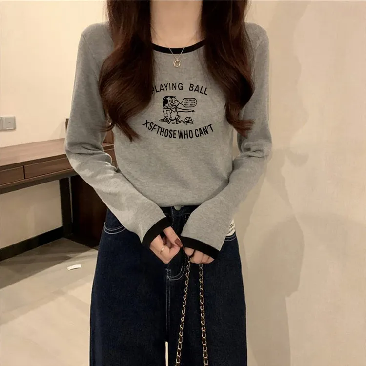 大码胖mm纯欲风辣妹修身显瘦长袖T恤女士秋冬韩版简约印花打底衫