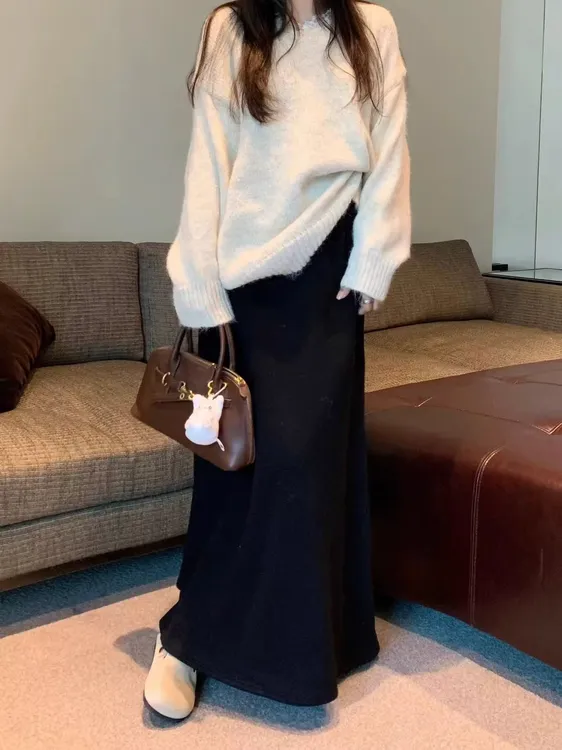 加绒秋冬遮胯垂感减龄百搭高腰显瘦A字长裙复古宽松半身裙AM25702