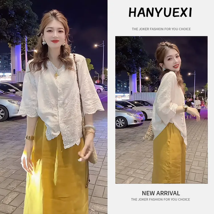 夏季穿搭一整套女2025新款韩版中长袖宽松衬衫高腰半身裙两件套潮