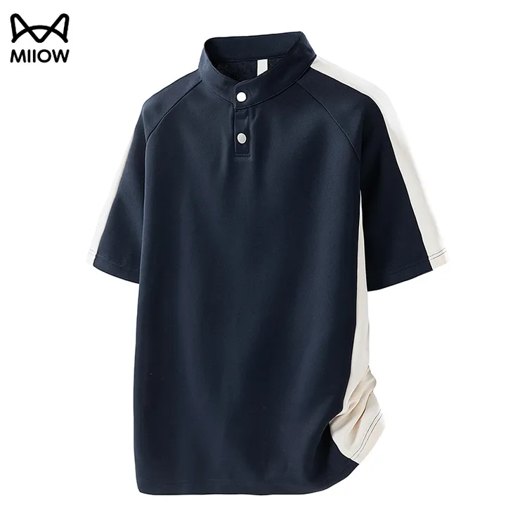 猫人美式复古polo衫短袖男夏季拼接插肩袖高级感痞帅立领半袖t恤