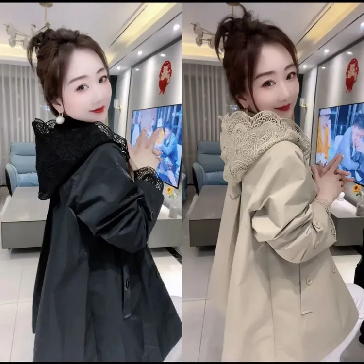 欧货2025新款时尚气质蕾丝连帽拼接显瘦宽松风衣外套春秋款