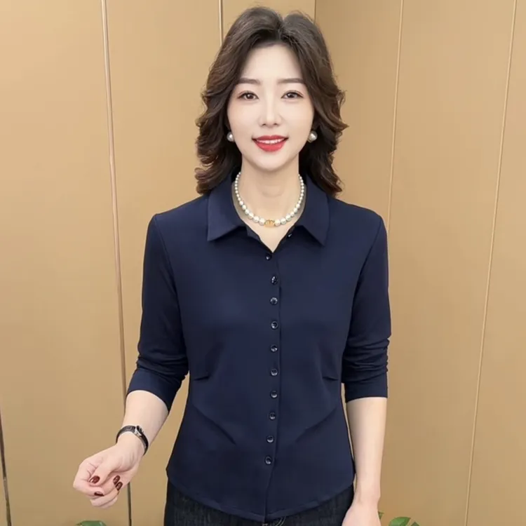 秋季新款时尚衬衫领纯色通勤休闲显瘦气质洋气长袖开衫上衣K3171