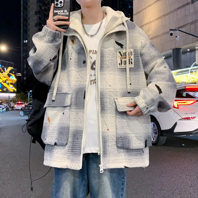 春秋季新款假两件潮流外套休闲宽松ins夹克男士青少年痞帅气连帽