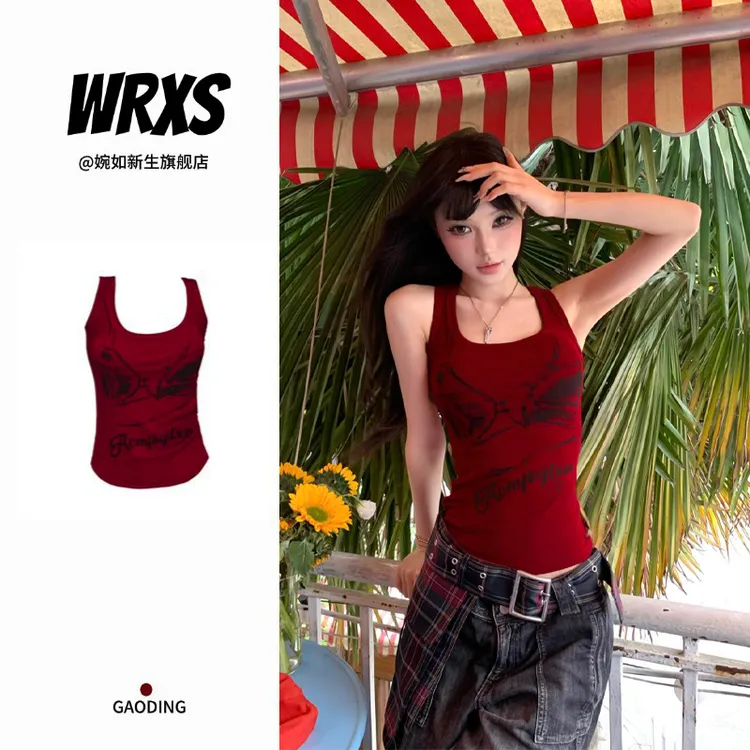 【婉如新生】美式涂鸦印花辣妹红色吊带背心女夏季修身性感无袖上衣