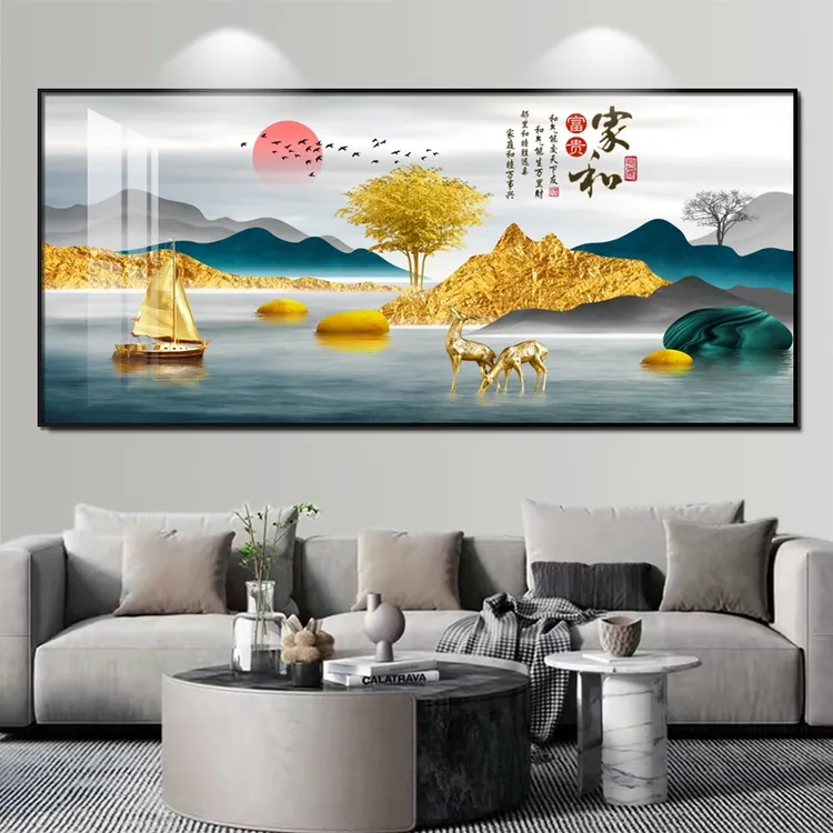 晶瓷镶钻装客厅饰画沙发财墙面壁画招麋鹿挂画大气横版卧室2-20