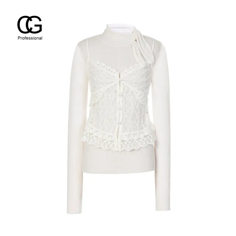 RN专属【CG-Y】冬季新款高智学院千金风羊毛蕾丝吊带真两件套上衣