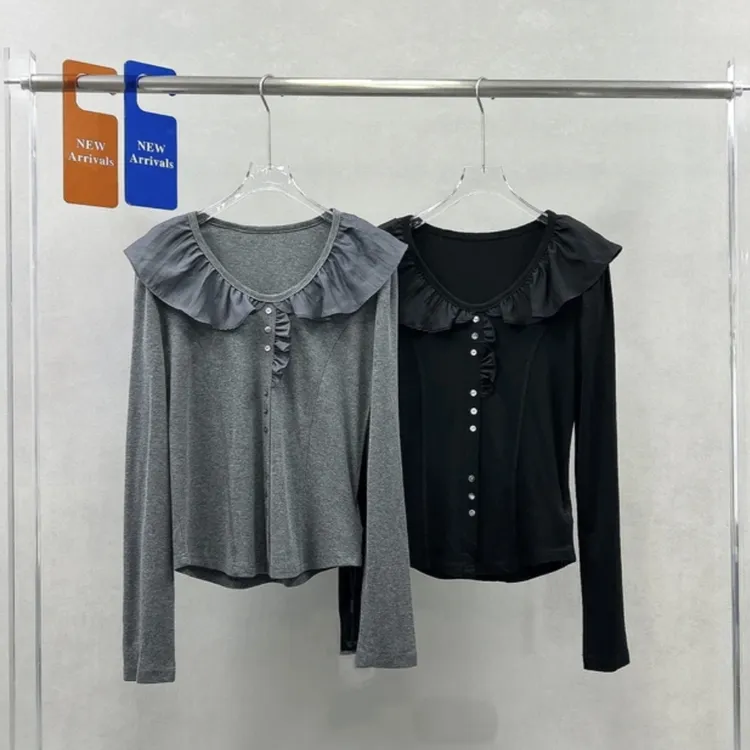 长袖拼接荷叶边蕾丝内搭娃娃领印花抗皱黑色T恤U型领显瘦上衣小衫