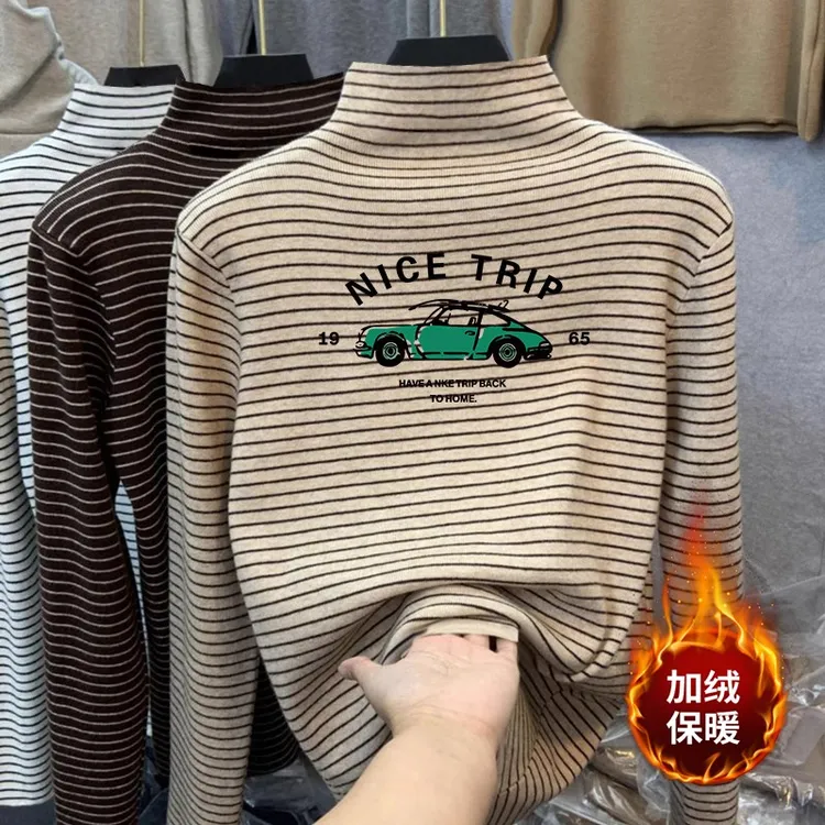 男女童半高领条纹德绒打底衫秋冬加绒帅气中大儿童卡通保暖上衣潮