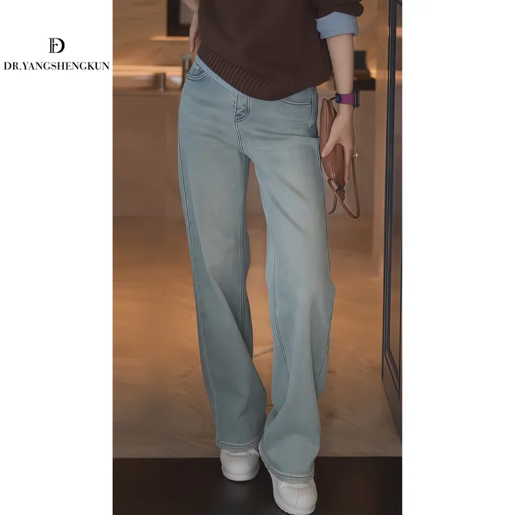 杨圣坤2025冬季新品复古水洗浅蓝色直筒百搭加绒牛仔裤ES25101326