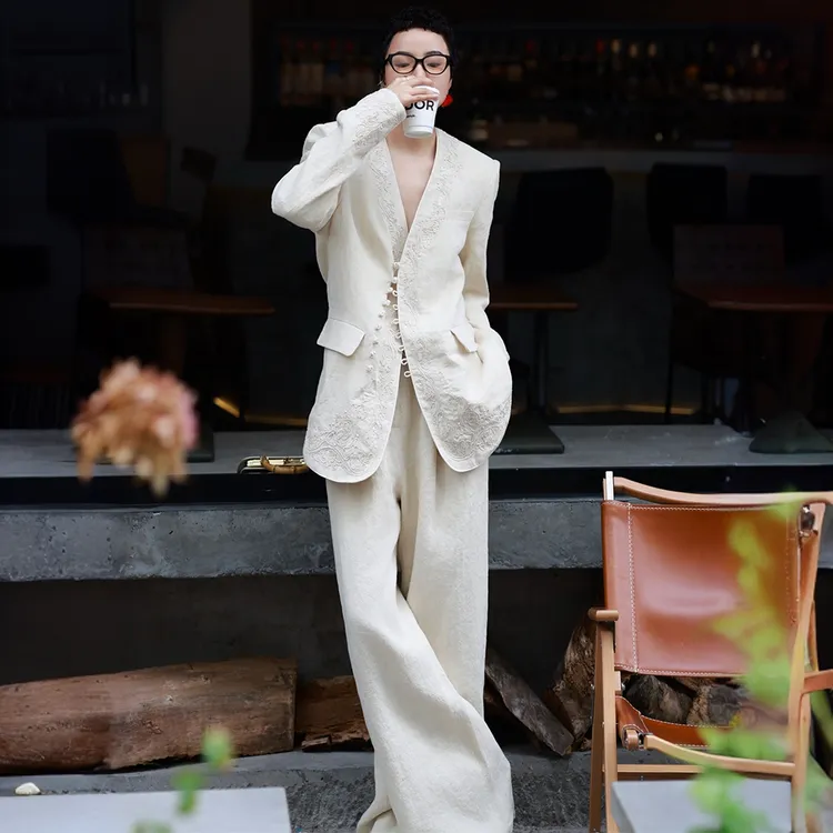 杏色亚麻西服套装女2025秋新款高级重工提花V领单排扣外套阔腿裤