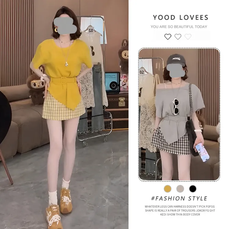 夏季韩系设计感斜边腰带短袖T恤今年新款显瘦百搭格子半身裙套装