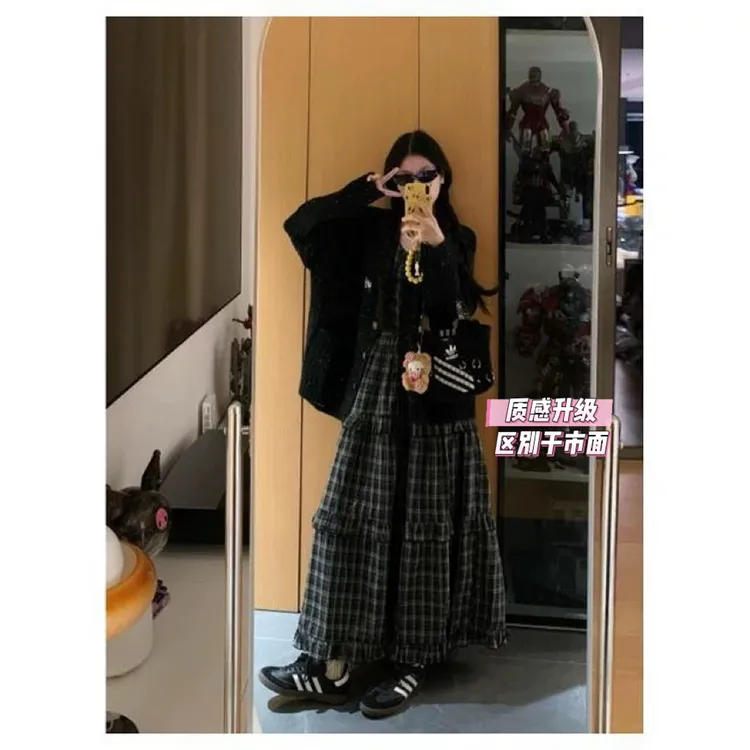 雯雯子定制慵懒风长袖宽松外套女秋季格子背心连衣裙时尚两件套