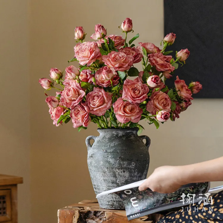 法式油画焦边仿真玫瑰花假花复古插花客厅餐桌布景摆件装饰【荐】