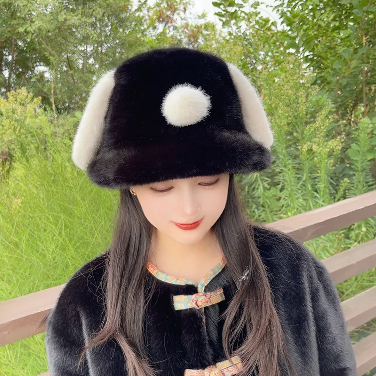 可爱小狗耳朵渔夫帽女毛绒绒保暖盆帽秋冬显脸小水桶帽百搭款帽子