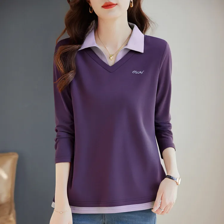 翻领长袖t恤女新款秋装大码假两件撞色休闲上衣百搭显瘦polo衫女