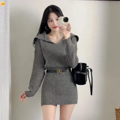 时尚韩版连衣裙秋冬新款减龄洋气设计感收腰打底毛衣裙子女+腰带