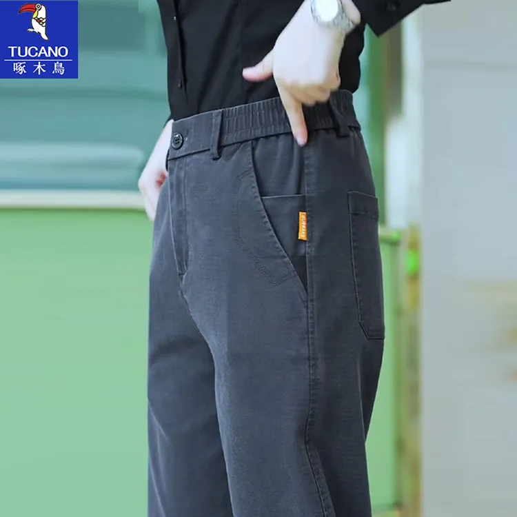 啄木鸟多口袋休闲裤男夏季2025新款中年男士莱赛尔天丝宽松直筒裤