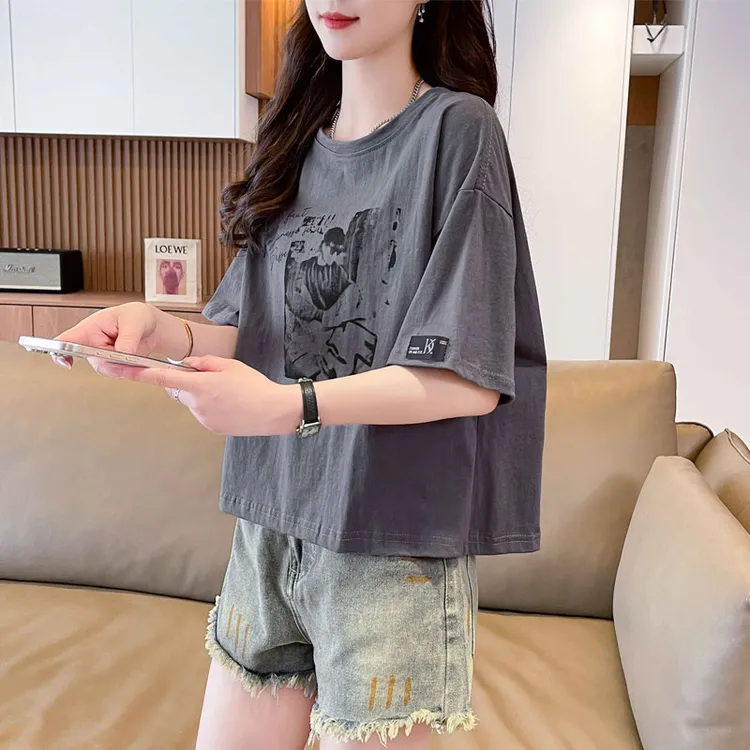 小个子短款纯棉短袖t恤女2025年新款夏季宽松大码设计感小众上衣